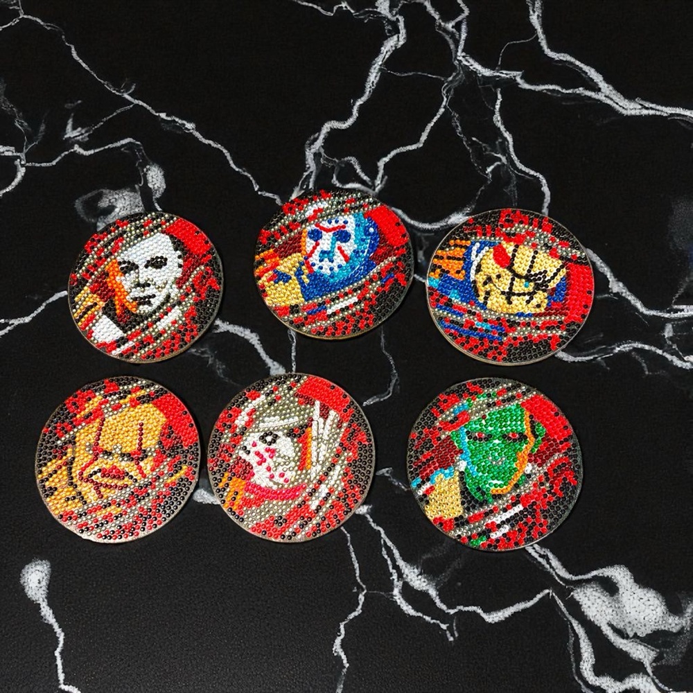 Halloween Scary Character Coaster Set of 6 with Holder Diamond Painted & Sealed - Picture 2 of 3